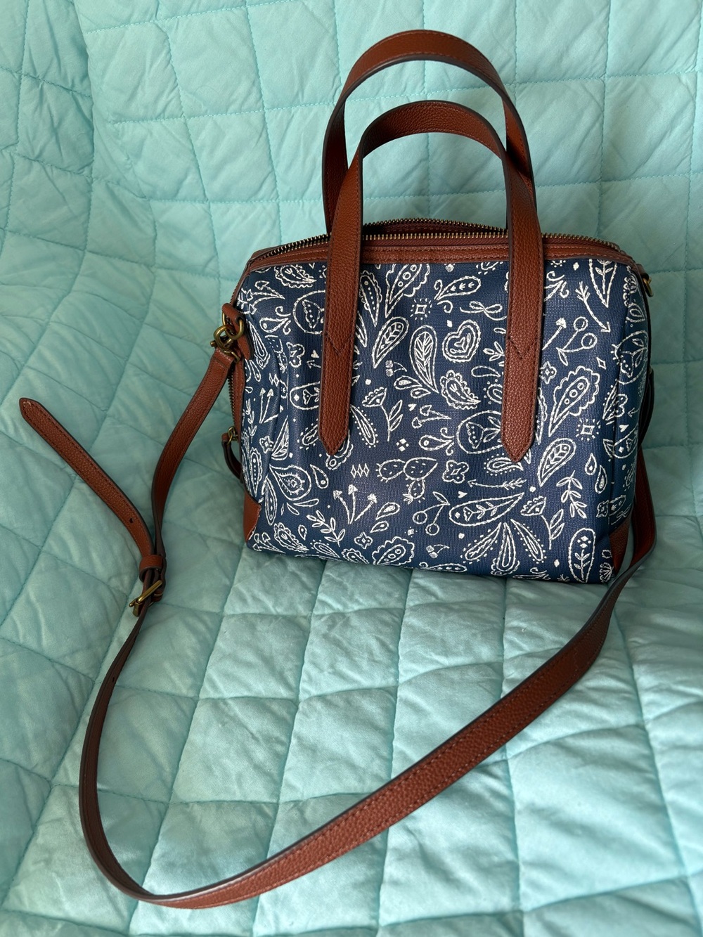 🔑 💙 Fossil Blue Paisley Print Sydney Satchel Convertible Crossbody Bag 👜